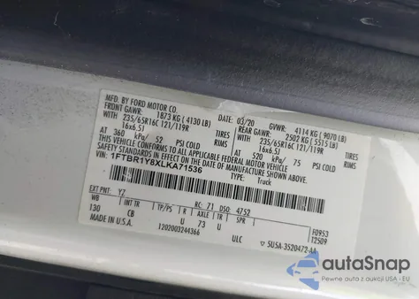 2020 Ford Transit-250 z USA, uszkodzony, nr VIN 1FTBR1Y8XLKA71536